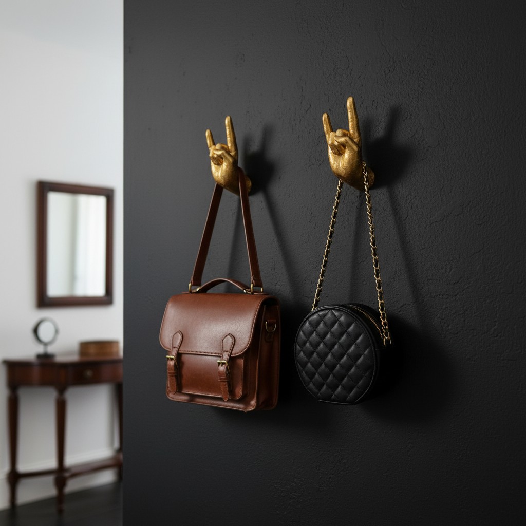Manos doradas en la pared como ganchos para bolsos