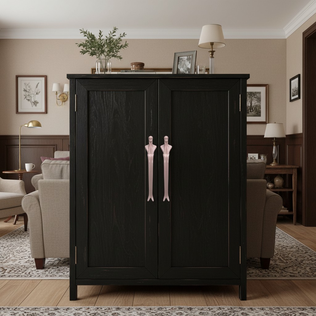 Rosa Verlitho Griffe an einem schwarzen Kleiderschrank im Wohnzimmer