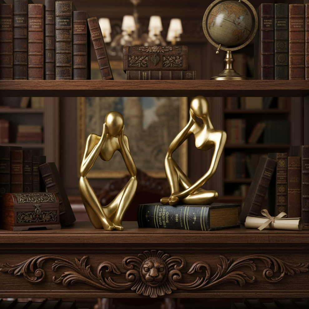 Goldene abstrakte Figuras en un clásico Bücherregal