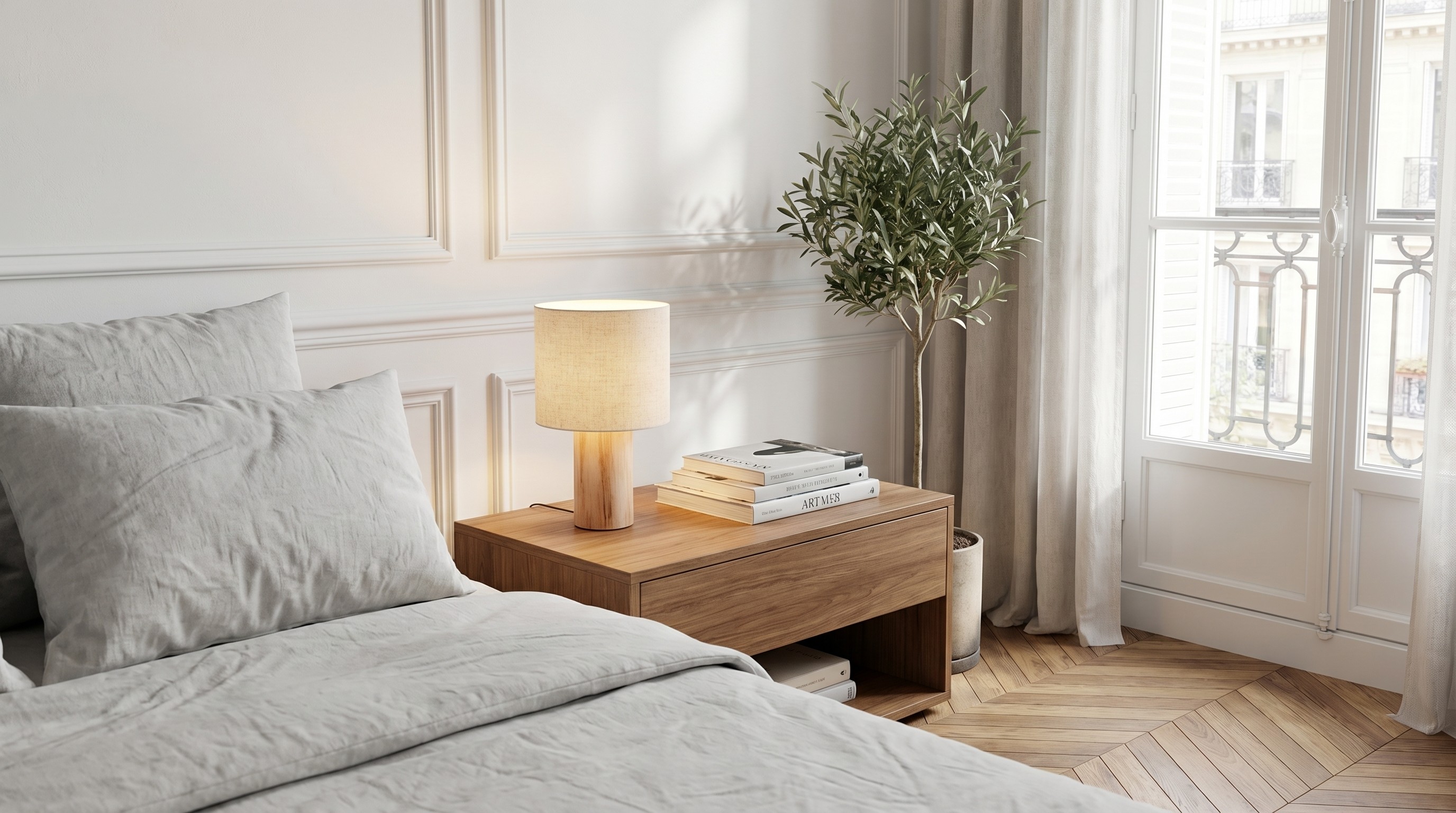 Linemora Tischleuchte mit Holzfuß und Leinenschirm in einem Schlafzimmer