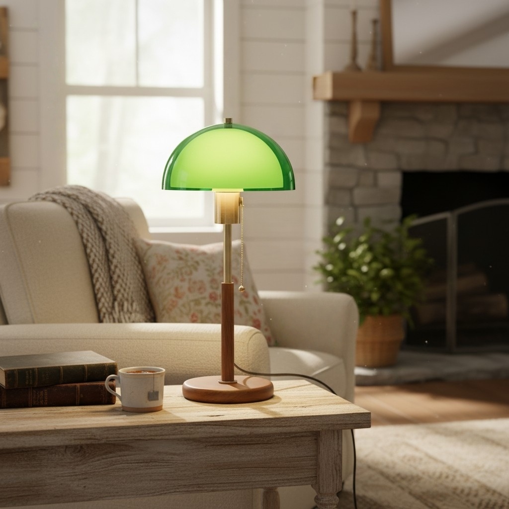 Afterglow Tischlampe im Wohnzimmer mit grünem Schirm
