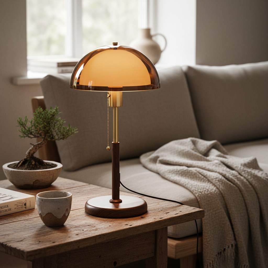 Afterglow Tischlampe im Wohnbereich mit bernsteinfarbenem Schirm