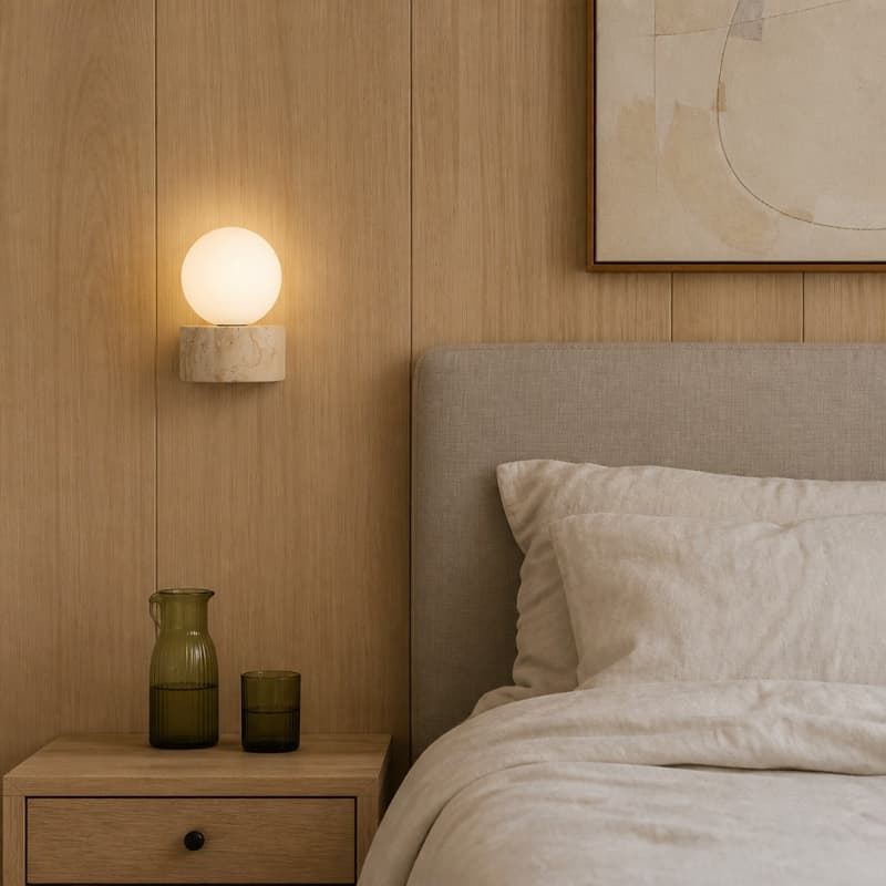 Travertin-Wandleuchte im Schlafzimmer