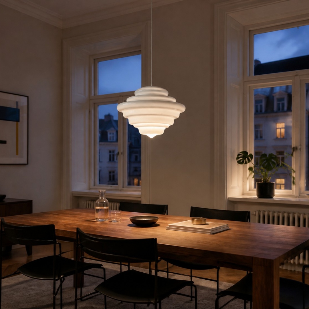 Lámpara colgante de cristal blanco sobre una mesa de comedor
