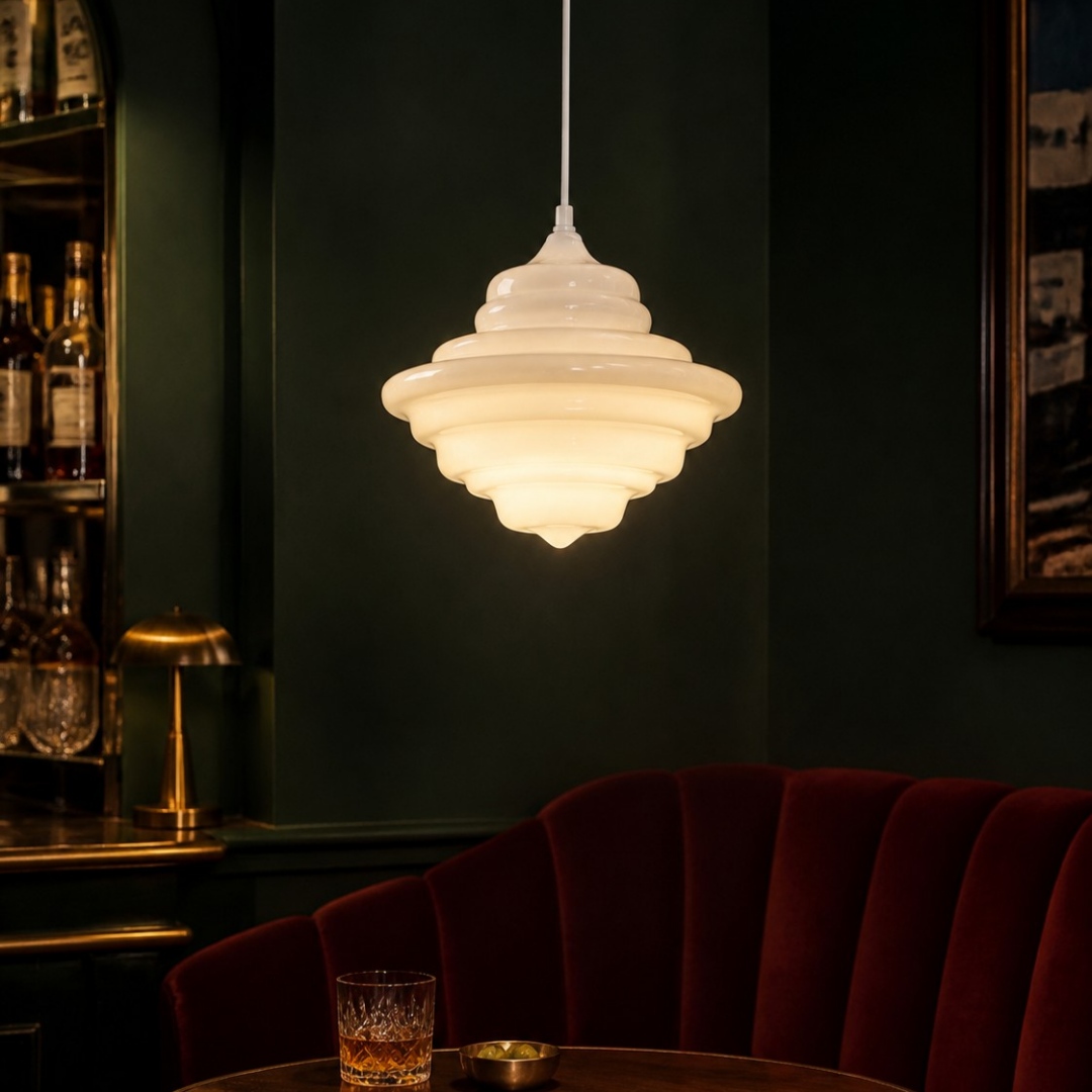 Lámpara colgante de cristal blanco en un bar boutique