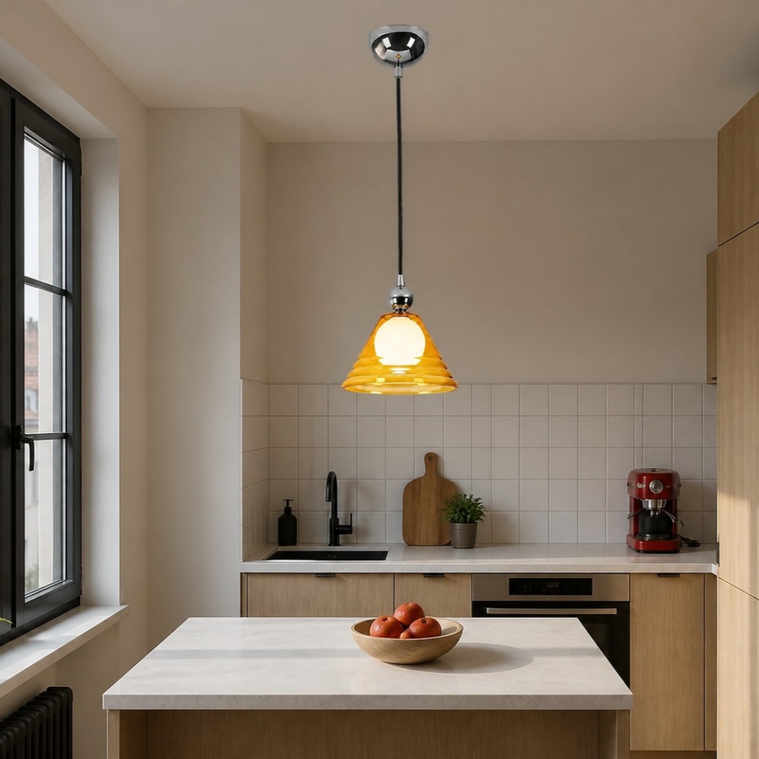 Lámpara colgante individual de cristal ámbar sobre una isla de cocina compacta.