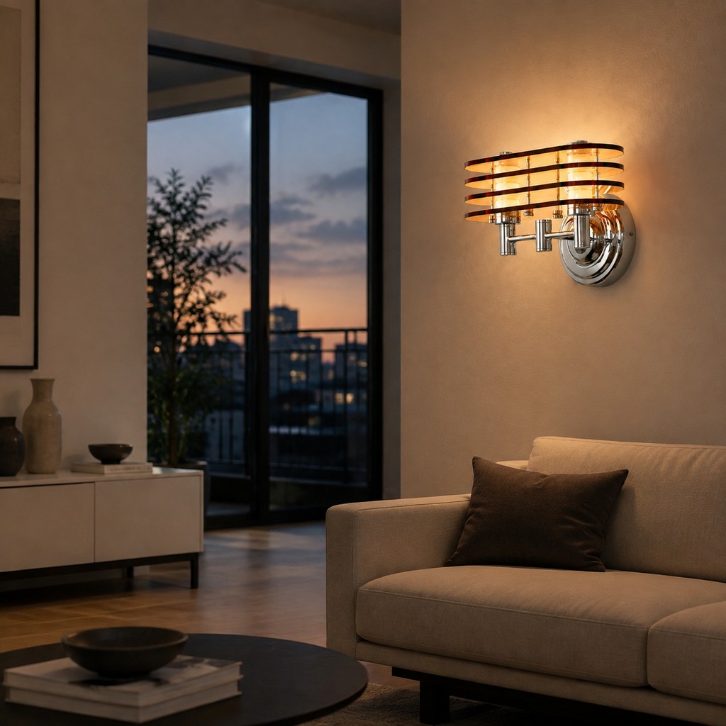 Aplique de pared LED Bauhaus color ámbar utilizado como elemento central del diseño de la sala de estar.