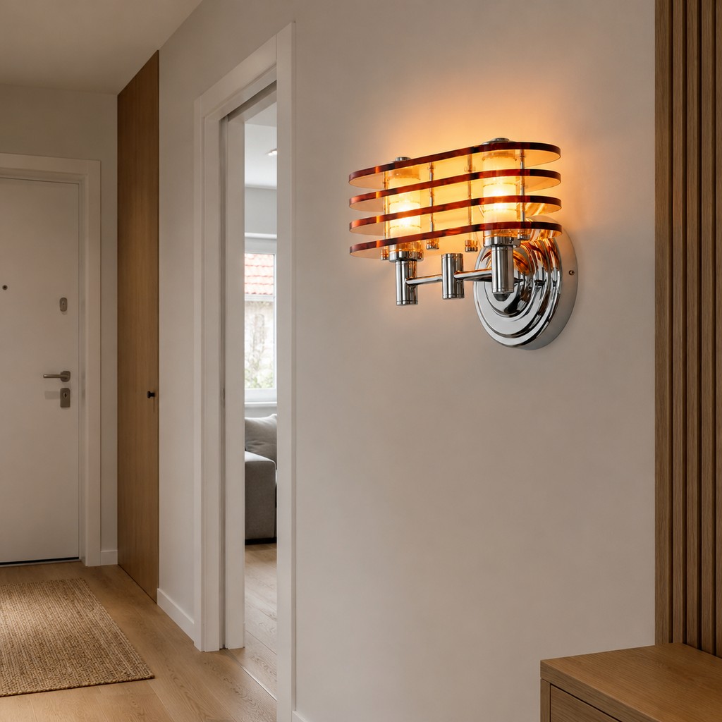 Aplique de pared LED Bauhaus color ámbar que ilumina el pasillo de un apartamento pequeño.