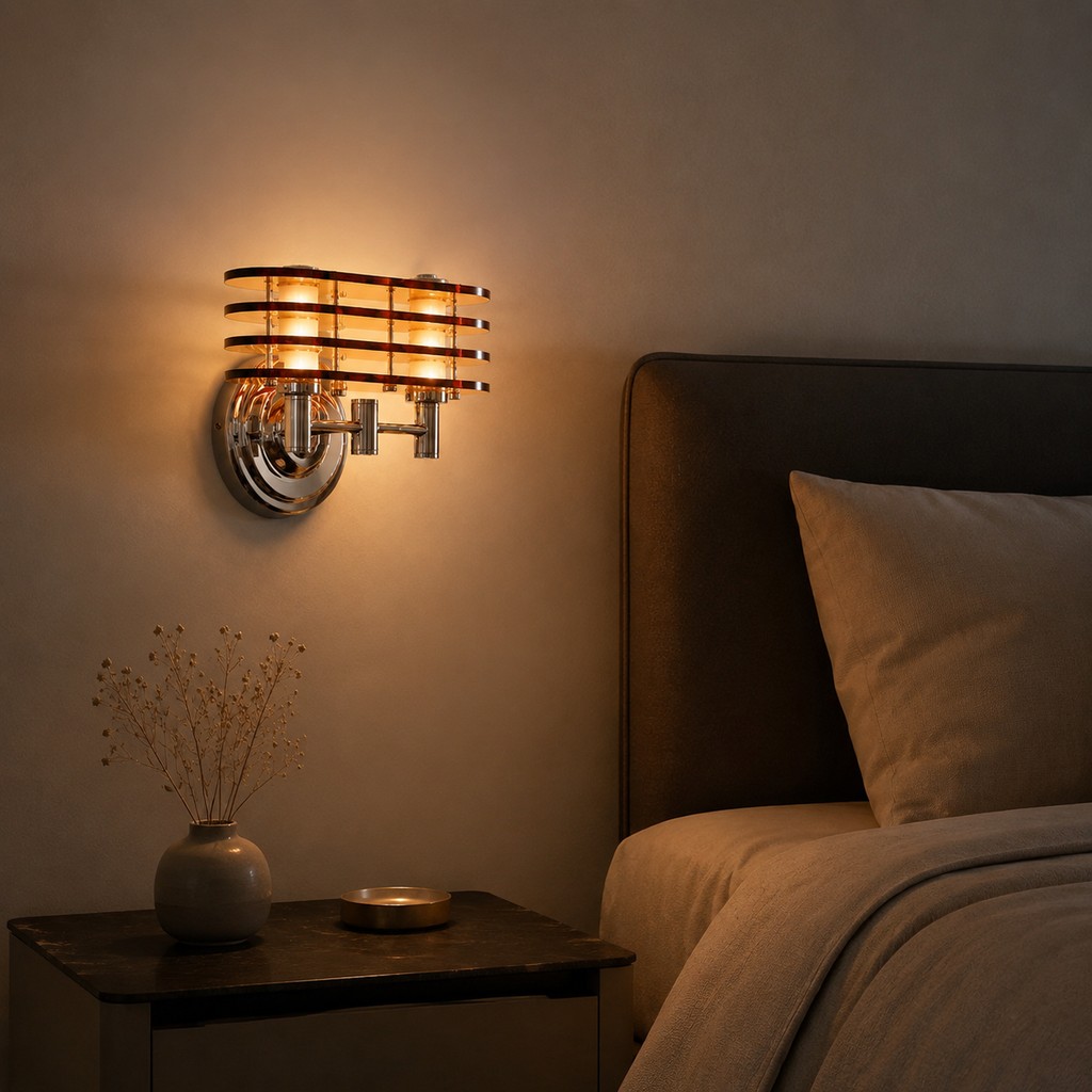 Aplique de pared LED Bauhaus color ámbar que crea un ambiente acogedor junto a la cama en un dormitorio.