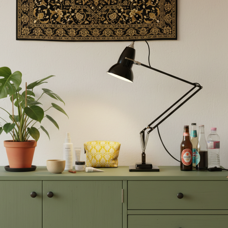 Schwarze Lampe auf grüner Kommode