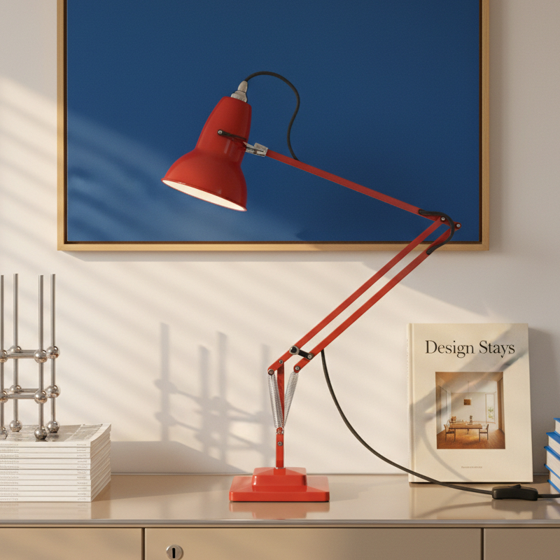 Rote verstellbare Lampe vor blauem Wandbild