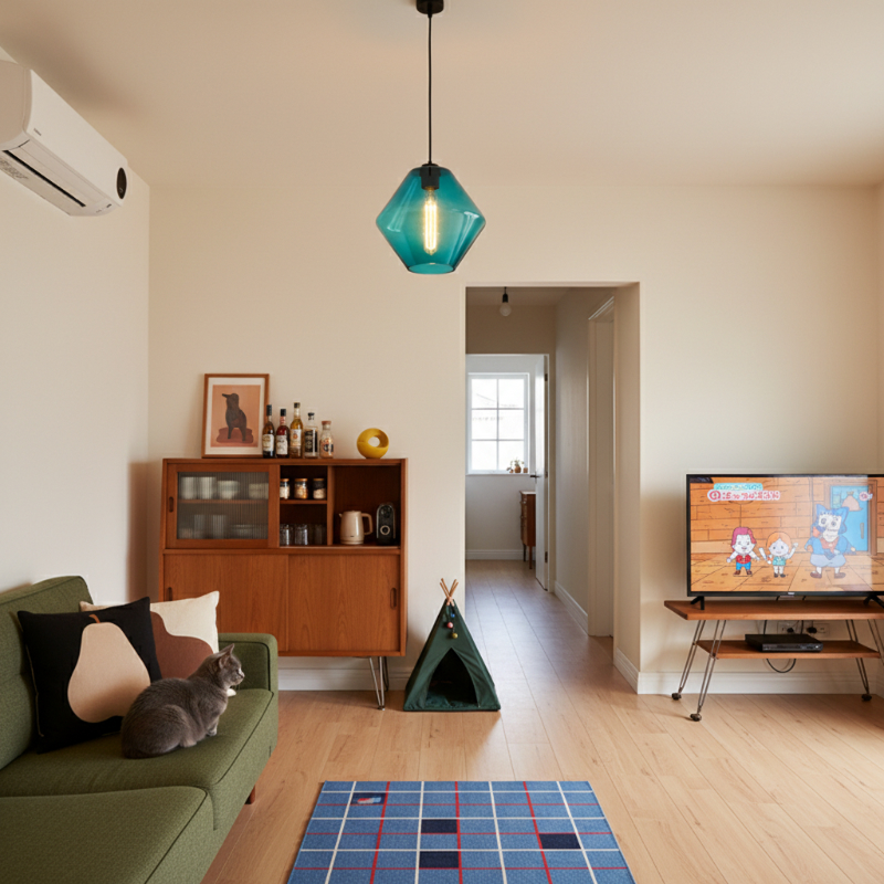 Blaue Crystalline Pendelleuchte im Wohnraum