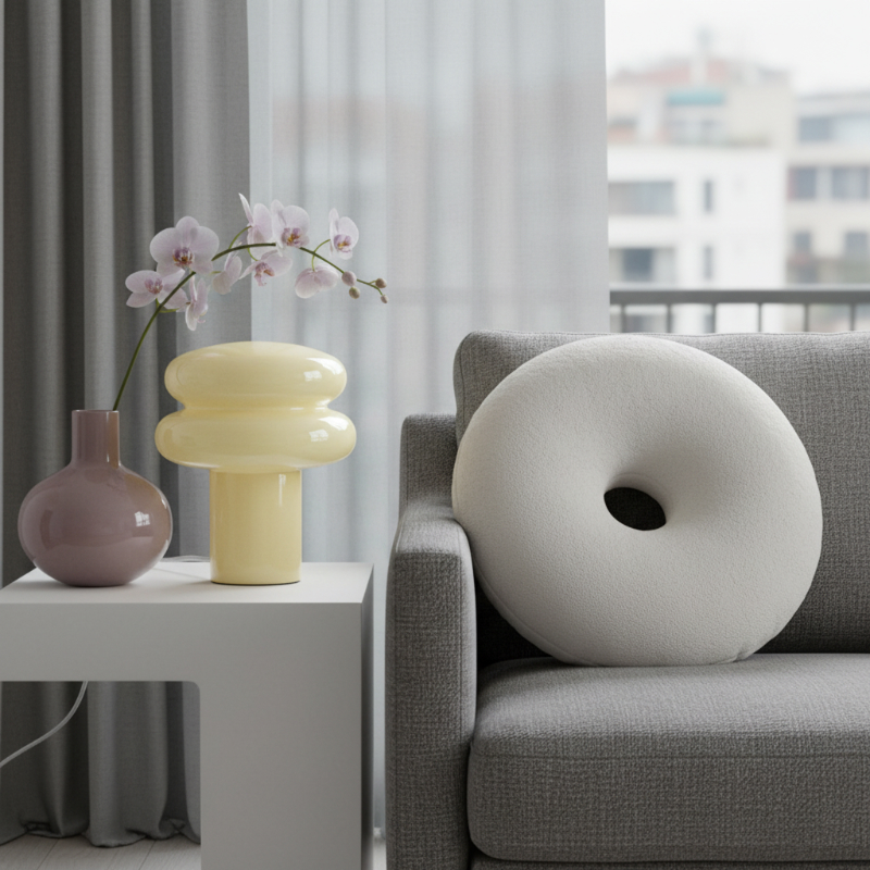 Gelbe Orra Tischleuchte neben einem Sofa