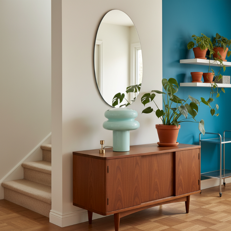 Hellblaue Orra Tischleuchte auf einem Sideboard