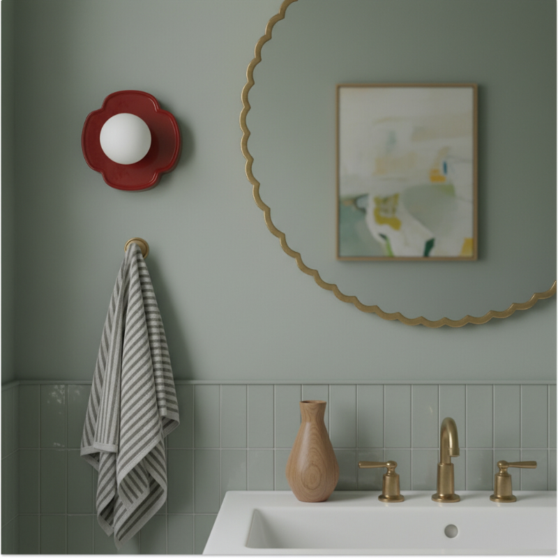 Rote Flower Petal Wandleuchte neben Spiegel und Waschbecken