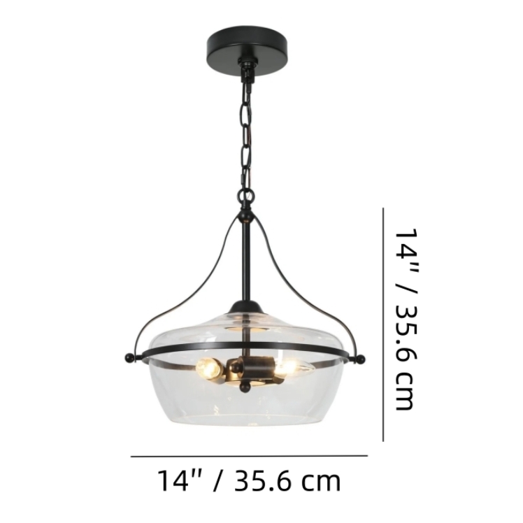 Maßdiagramm der Lirra Pendelleuchte mit 14 Zoll Durchmesser und Höhe