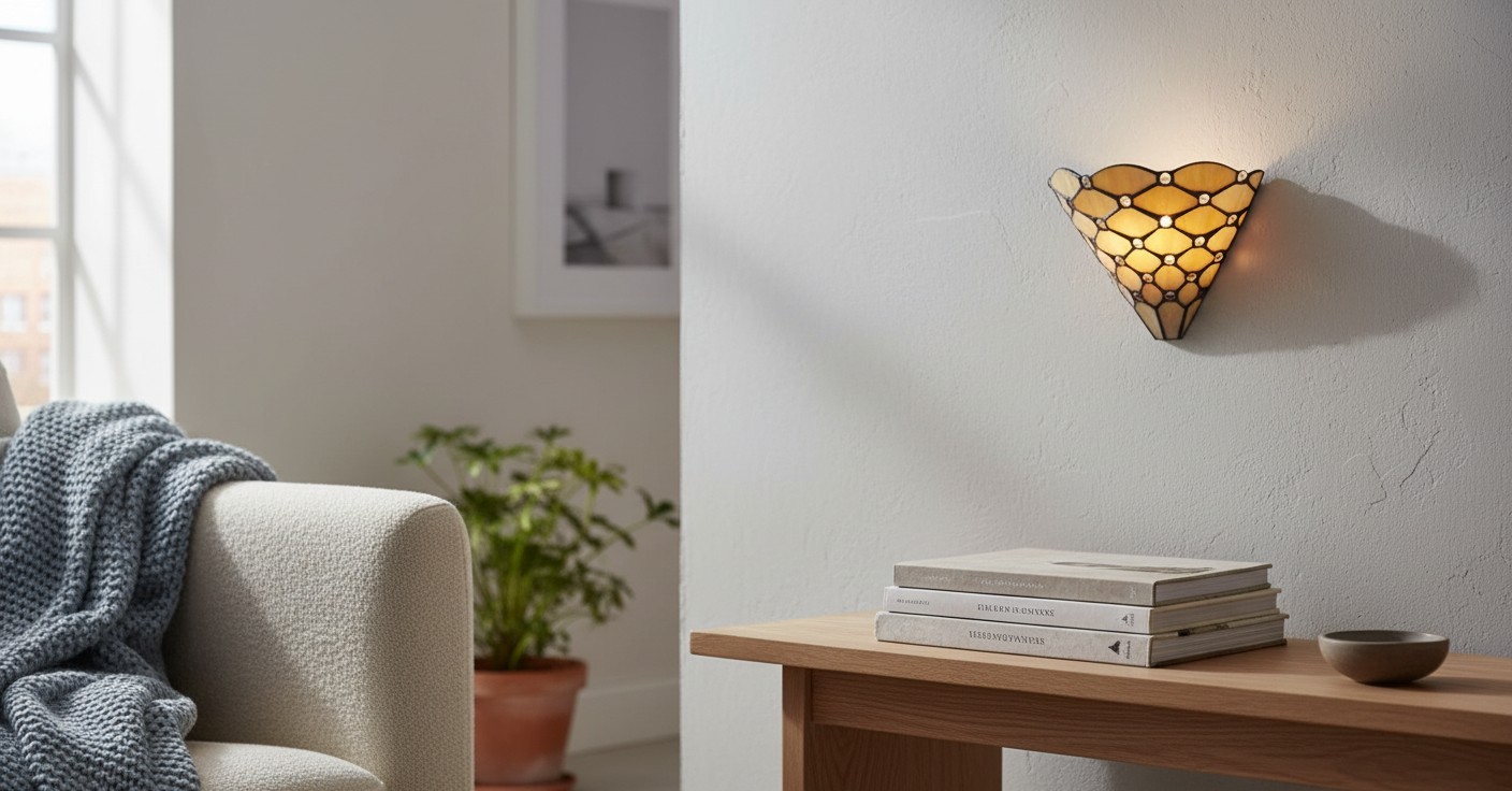 TF Pearl Wandleuchte auf einer Wand über einem Tisch