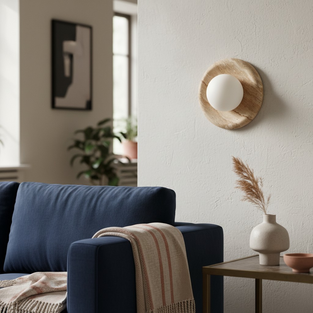 Lámpara de pared Oria beige en una habitación con sofá y jarrón