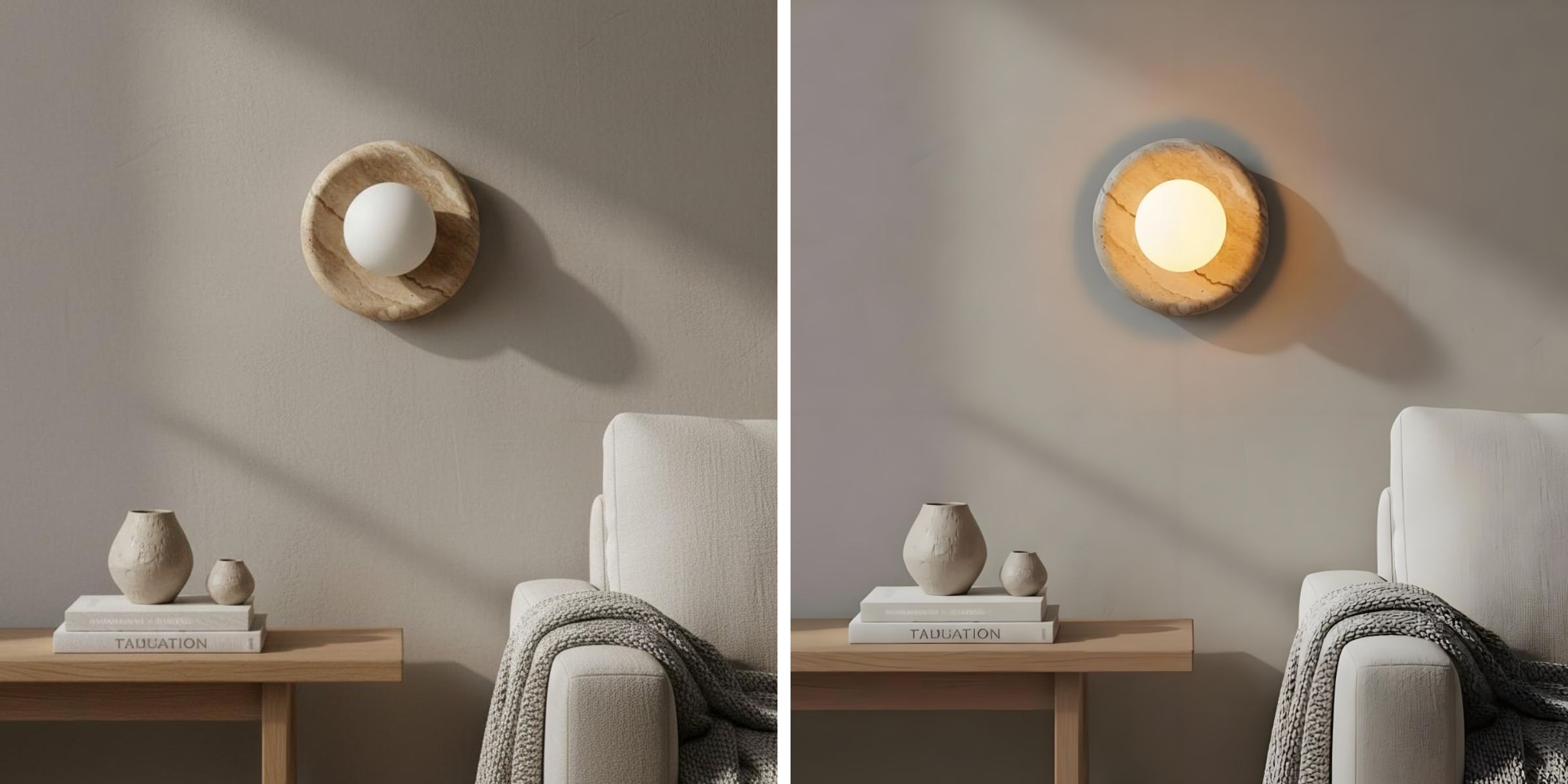 Vergleich der Oria Wandleuchte mit ausgeschaltetem und eingeschaltetem Licht