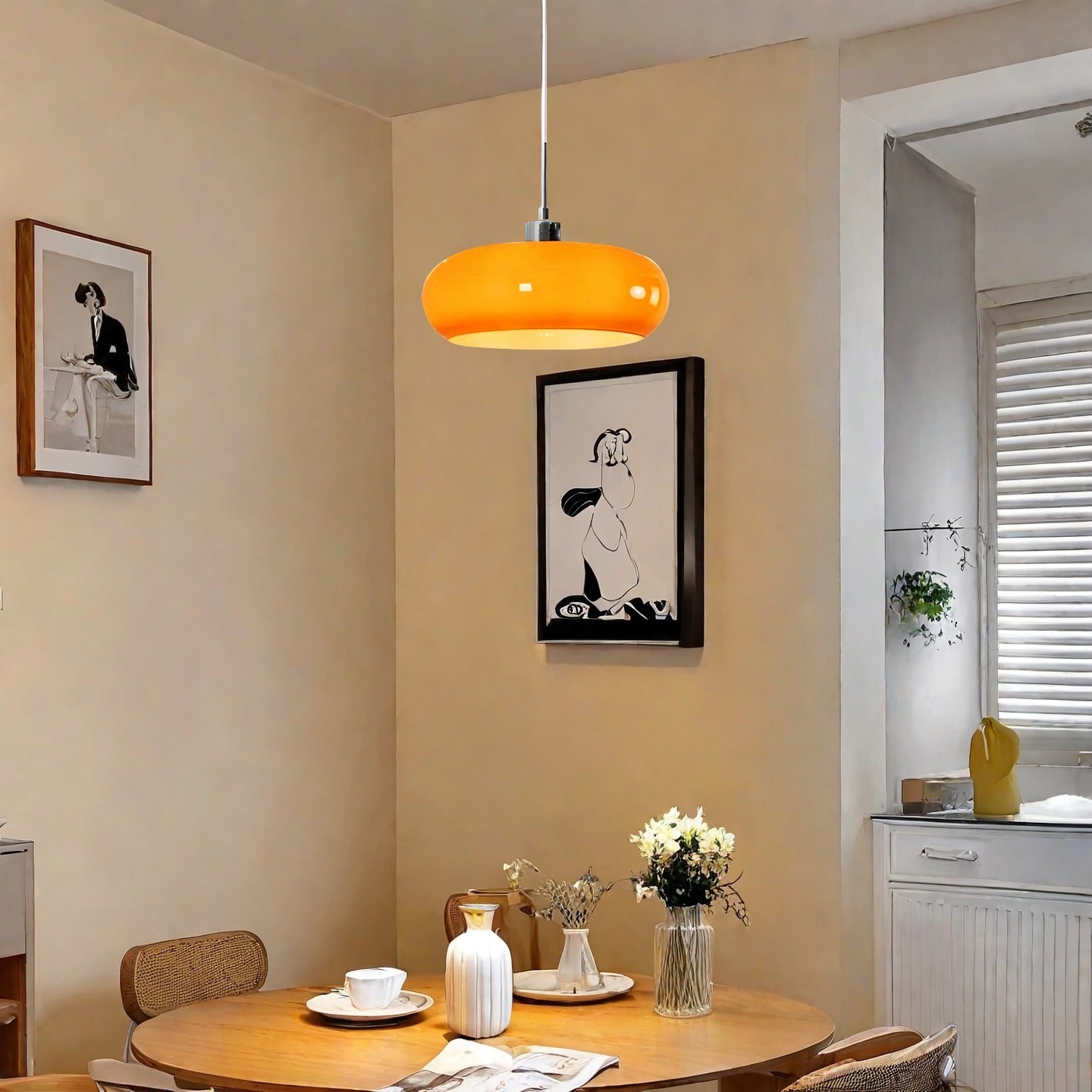 Orange Bauhaus-Pendelleuchte über einem runden Tisch