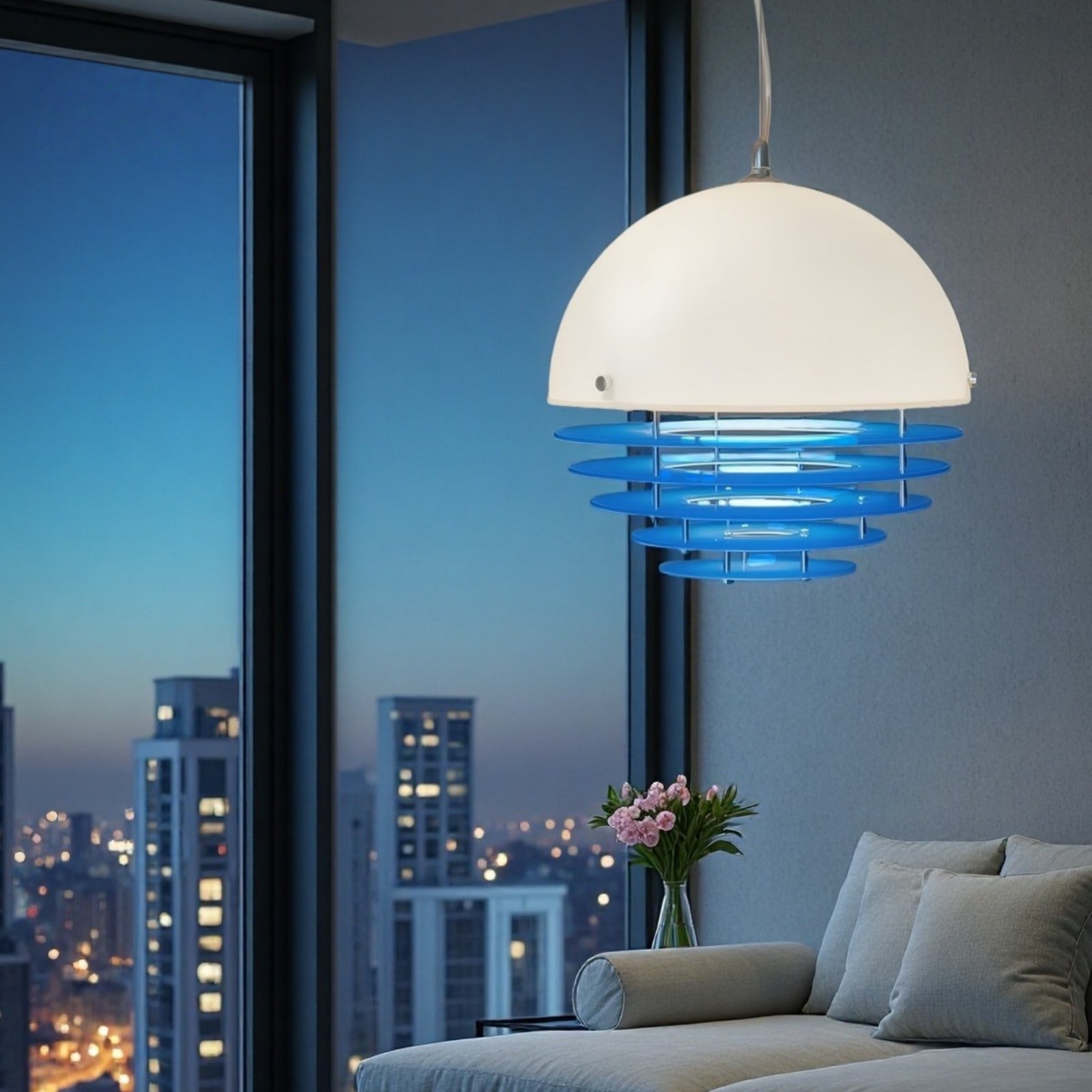 Blaue Bauhaus Sunset Pendelleuchte im Schlafzimmer
