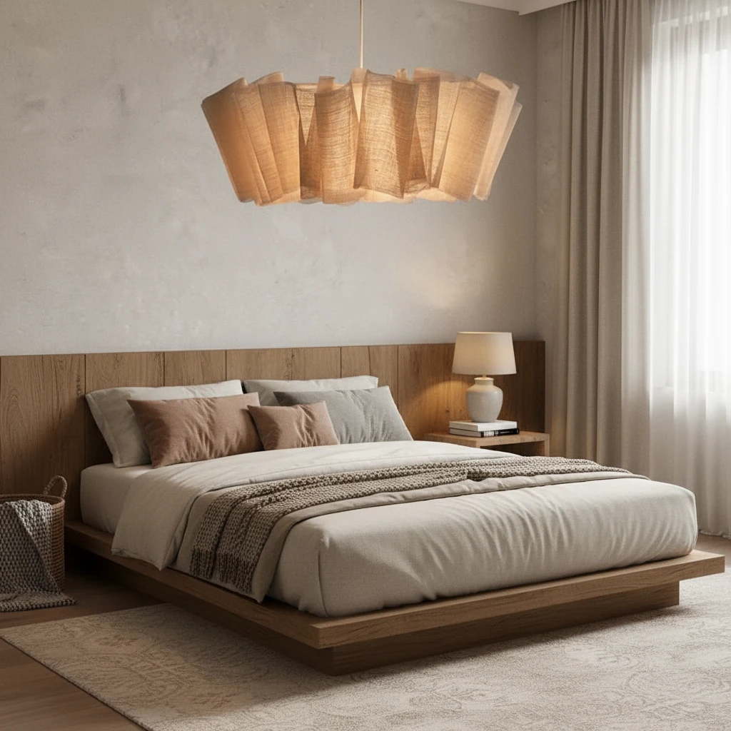 Nordic Linen Plissee Pendelleuchte im Schlafzimmer