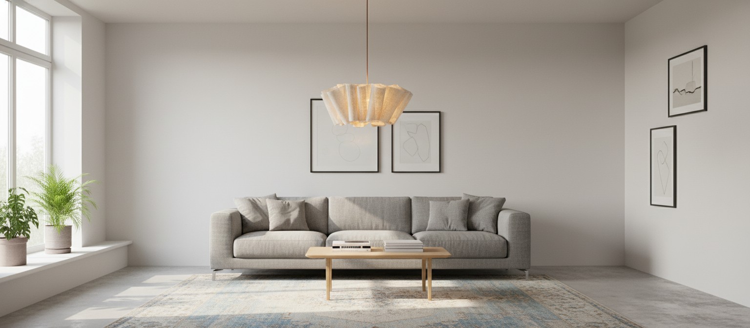 Nordic Linen Plissee Pendelleuchte in einem modernen Wohnraum