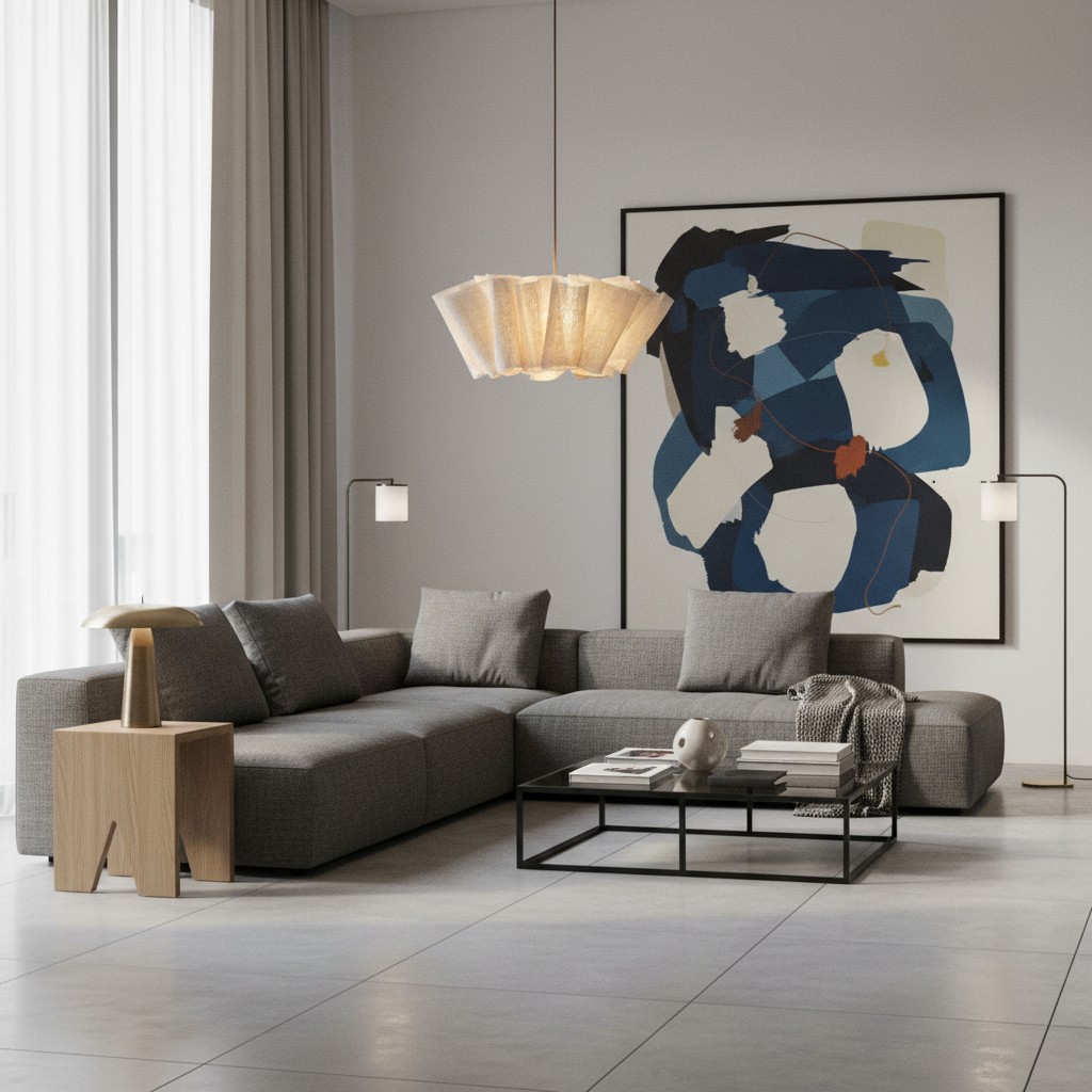 Nordic Linen Plissee Pendelleuchte im Wohnzimmer