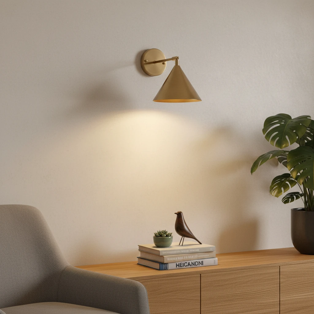 Wandleuchte mit warmem Licht über Sideboard