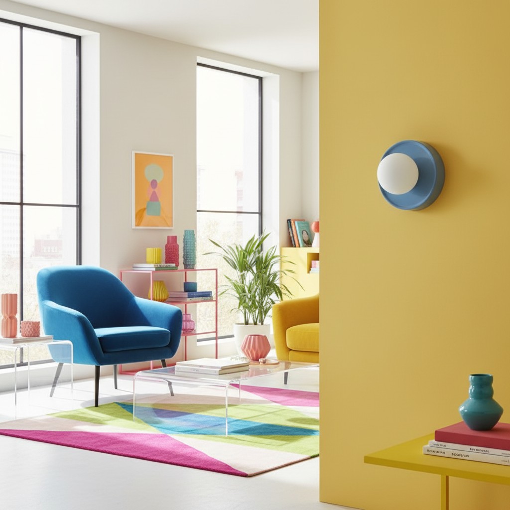 Blue round glass wall lamp in a colorful room