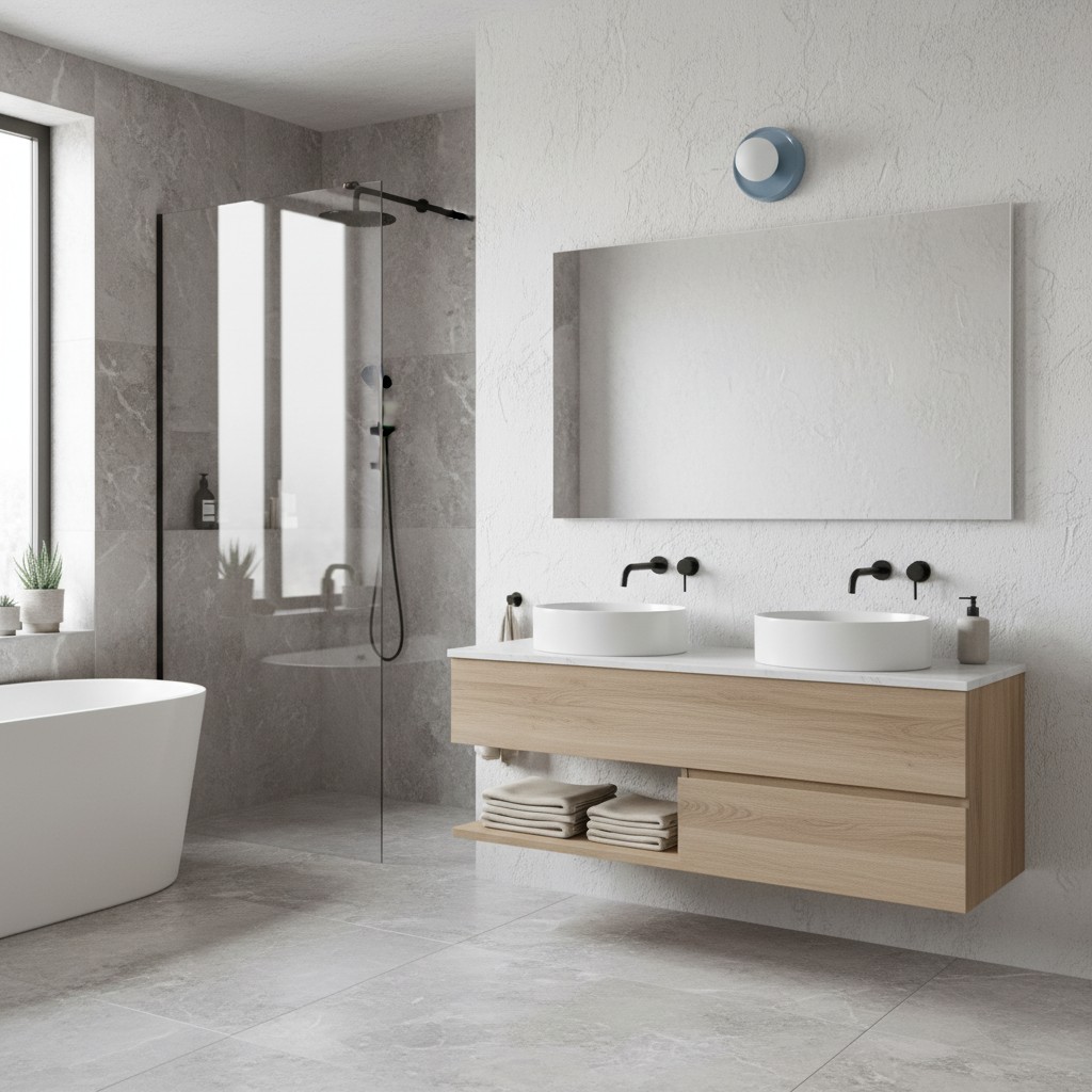 Blue round wall lamp in a bathroom