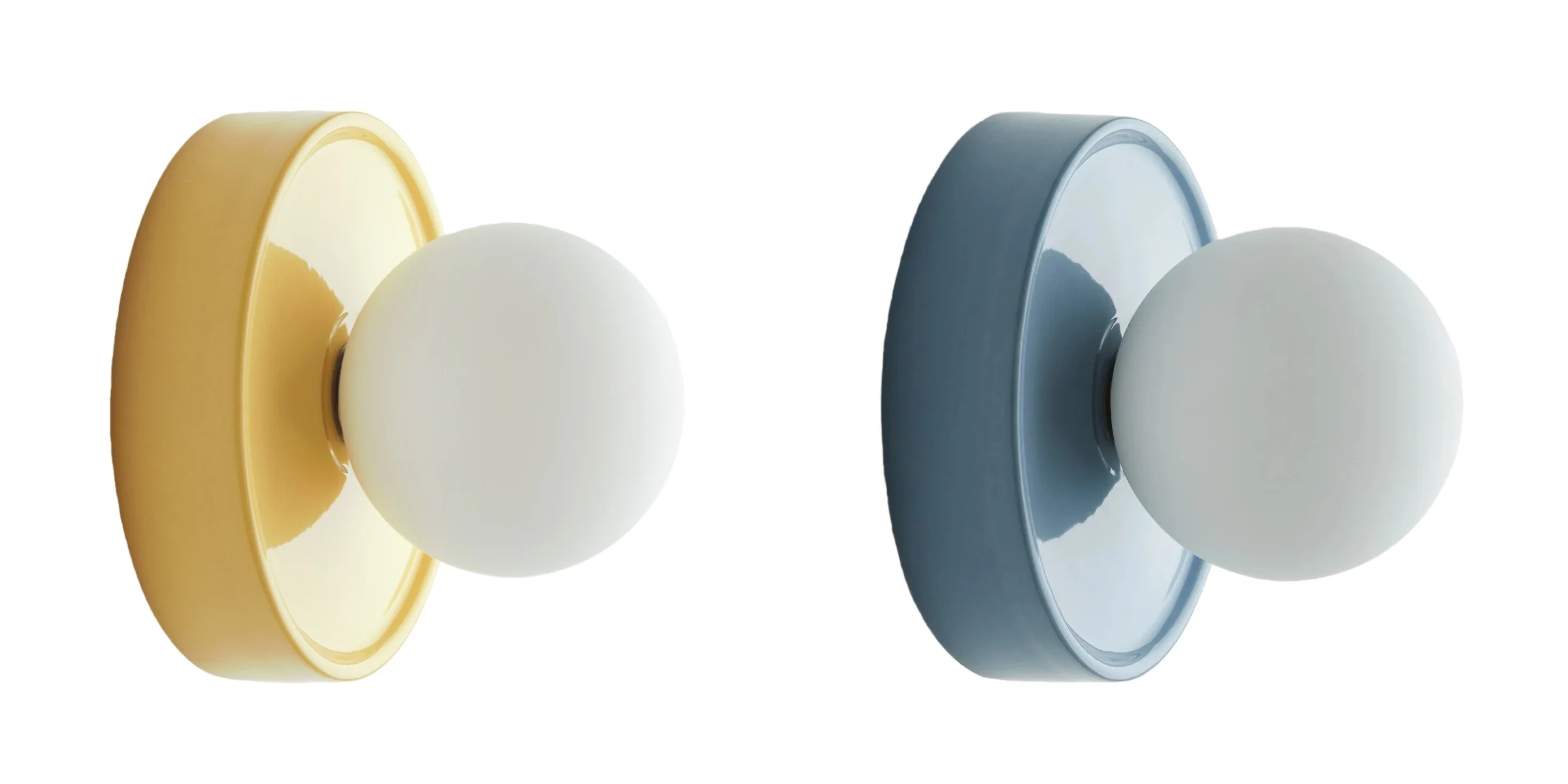 Yellow and blue round glass wall lamp finish options
