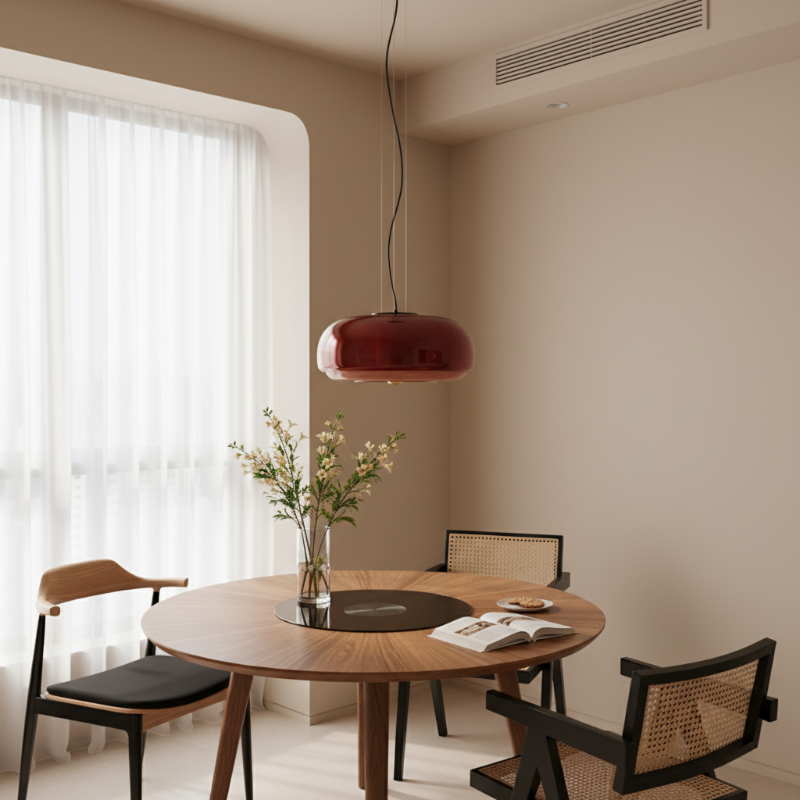 Rote Kinoko Pendelleuchte in einem hellen Esszimmer