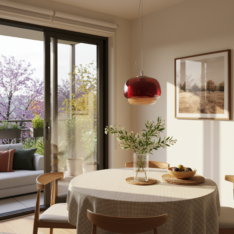Rote Kinoko Pendelleuchte über rundem Esstisch am Fenster