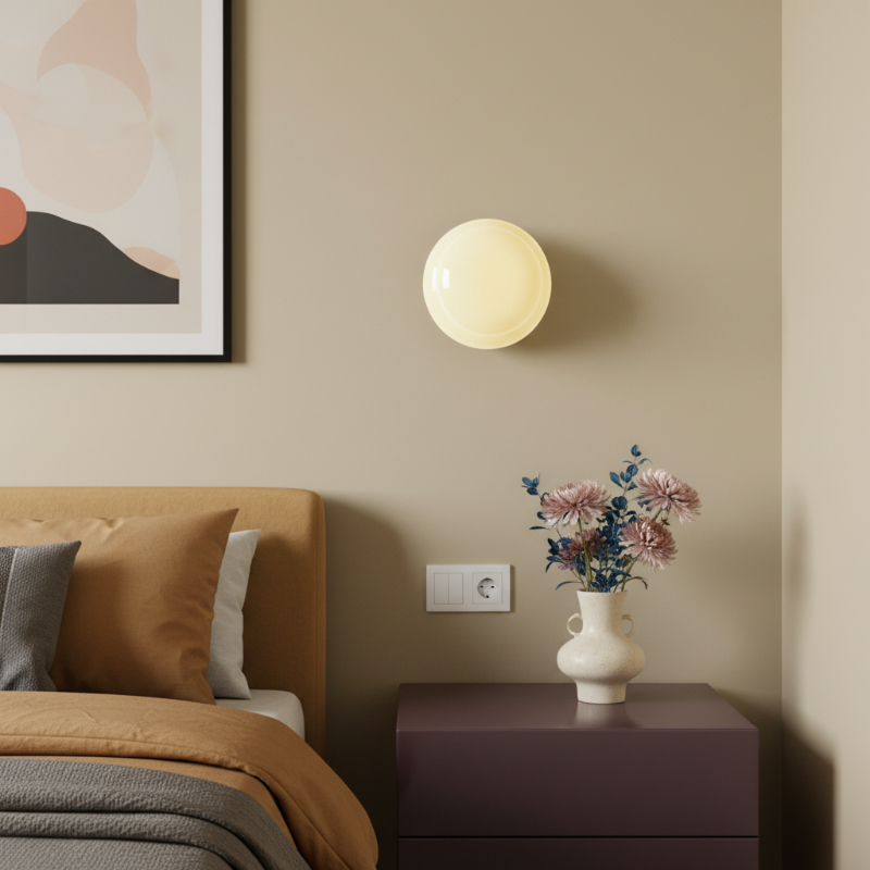 Orra Opalglas Wandleuchte in einem Schlafzimmer