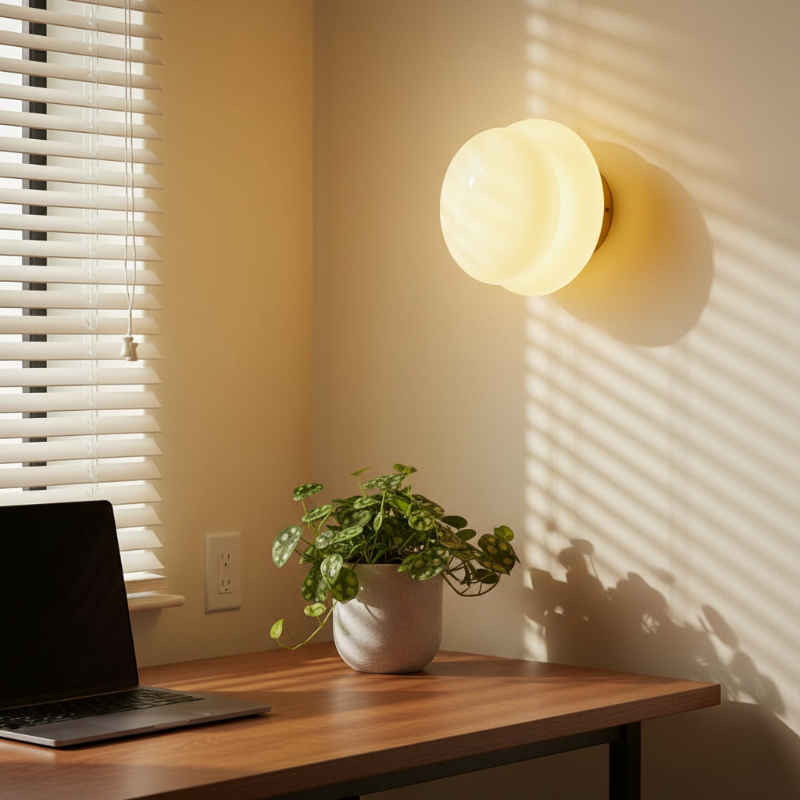 Leuchtende Orra Wandleuchte mit warmem Licht an einem Schreibtisch