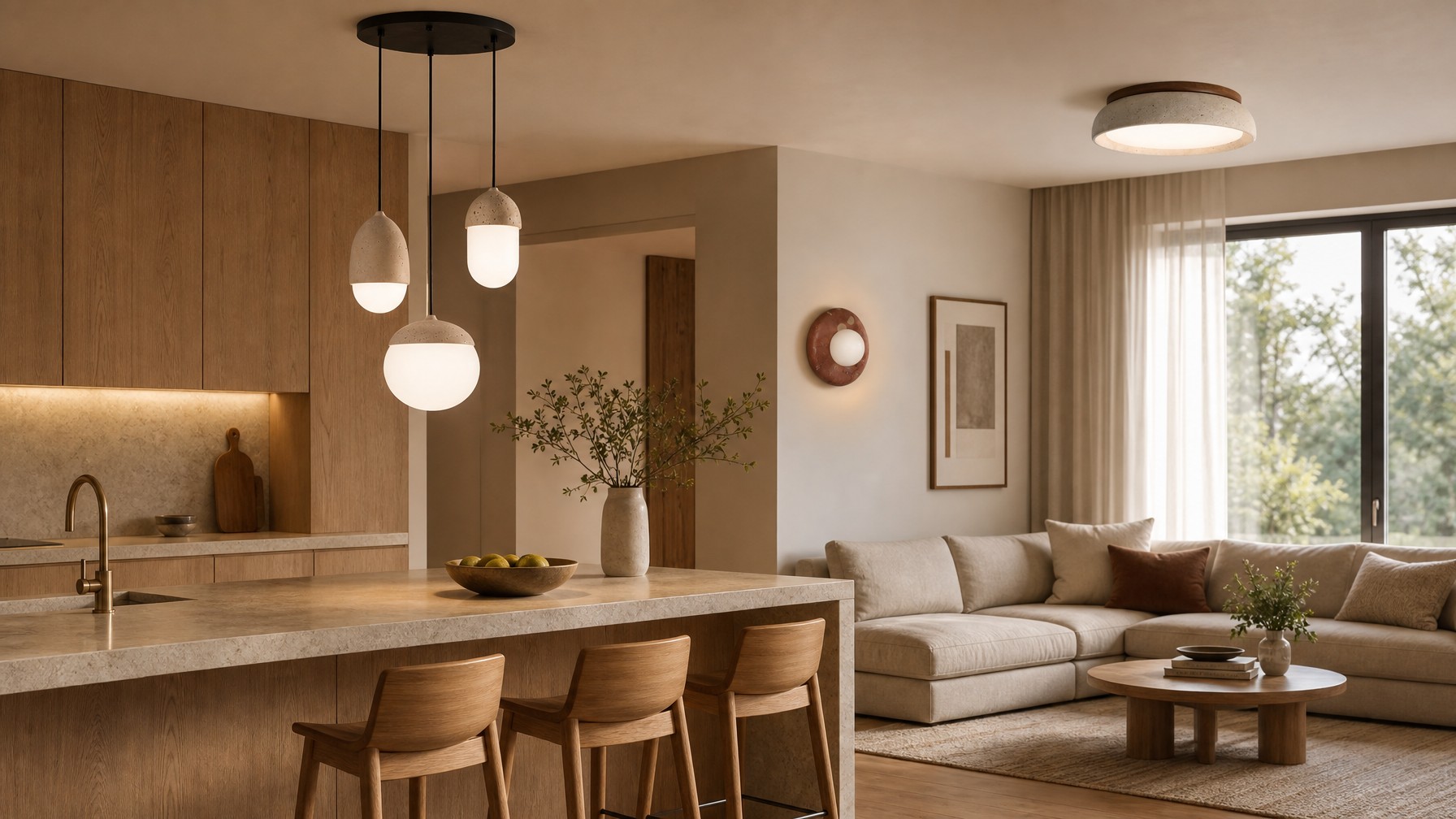 Travertin-Lampenserie in modernem Wohnraum