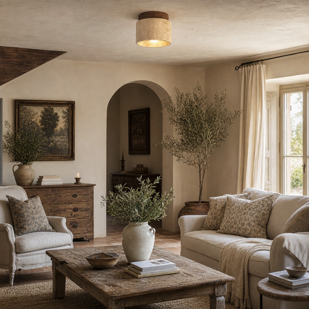Boho Wohnraum mit Travertin Deckenlicht