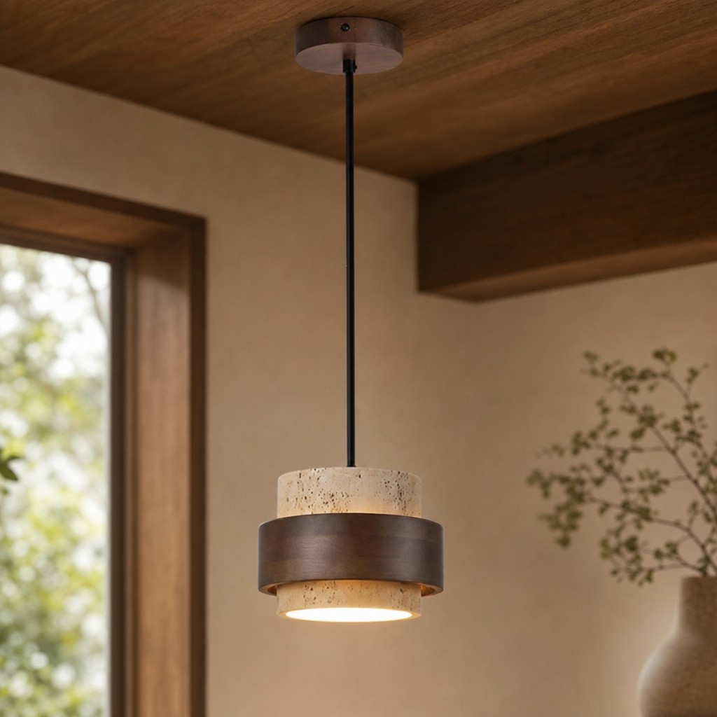 Pendelleuchte in warmem Holzinterieur