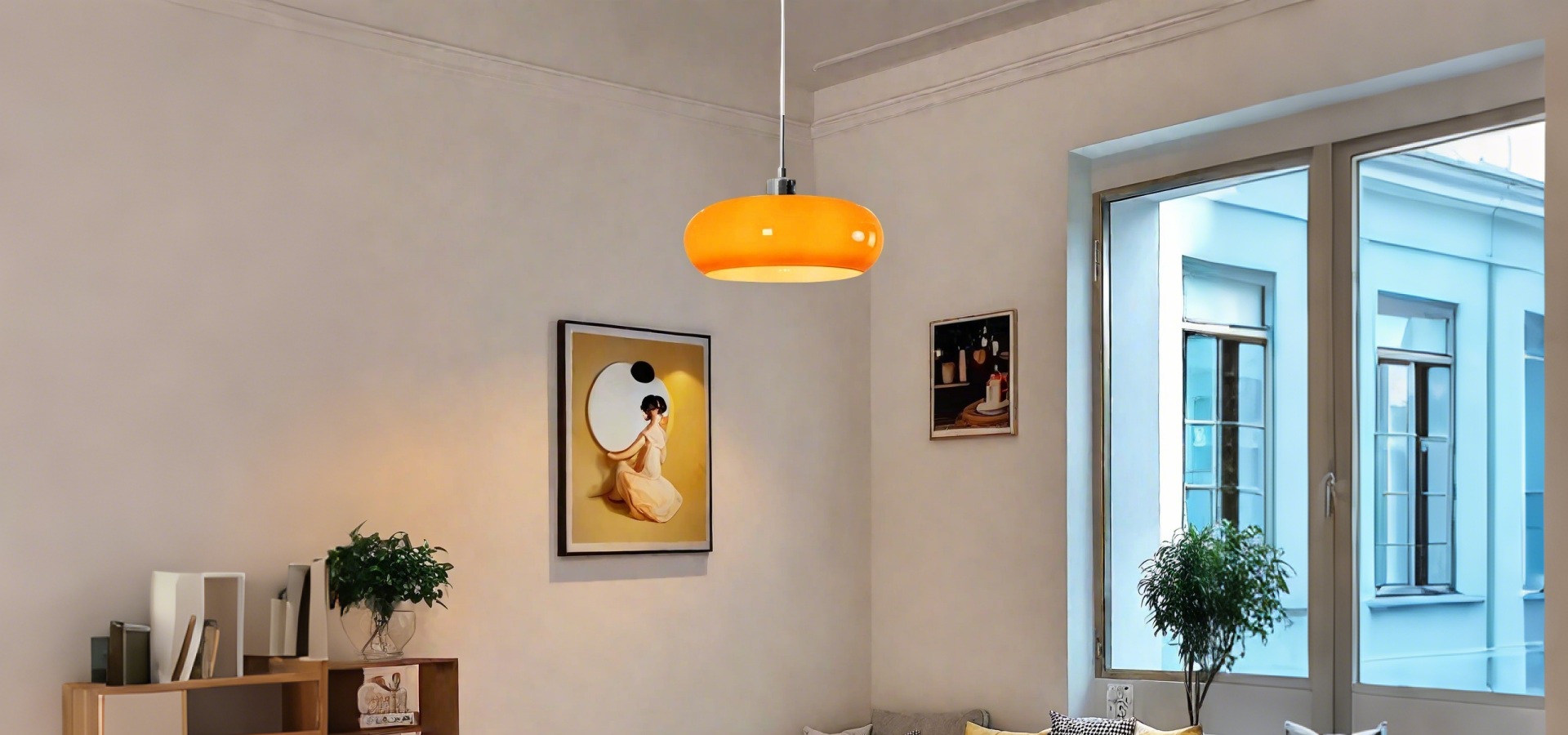Nordische Bauhaus-Pendelleuchte aus Glas in einem modernen Raum