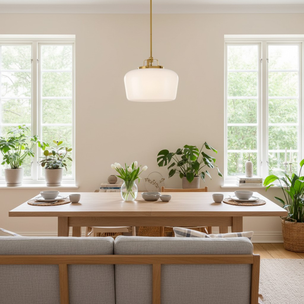 Lámpara colgante Lirra sobre una mesa de comedor