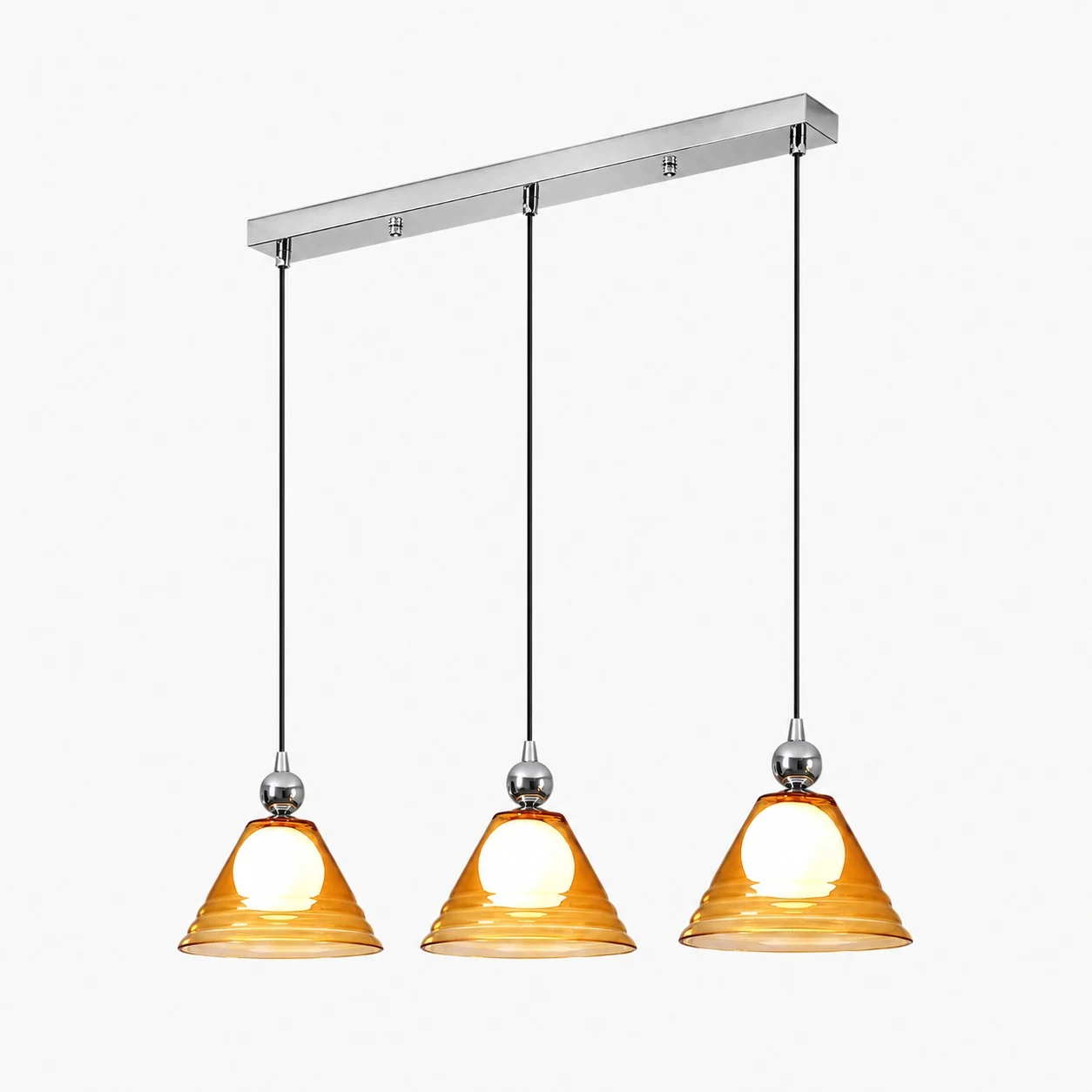 Lámpara colgante lineal de tres luces con cristal ámbar y barra de techo cromada.