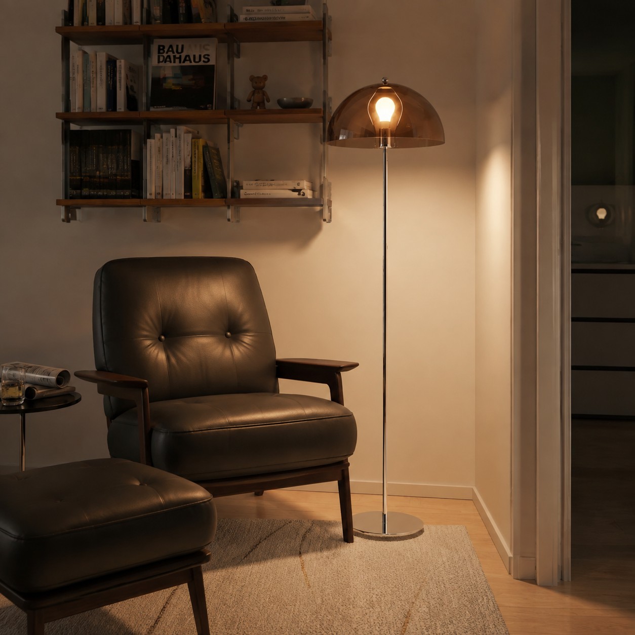 Lámpara de pie Bauhaus junto a un sillón de lectura.