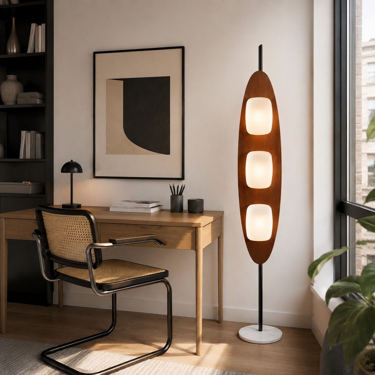 Bauhaus-Stehlampe in Walnusston neben einem Bett im gemütlichen Schlafzimmer