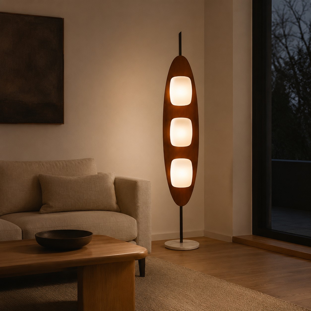 Bauhaus-Stehlampe in Walnusston neben einem Sessel und einer Anrichte im warm beleuchteten Wohnzimmer