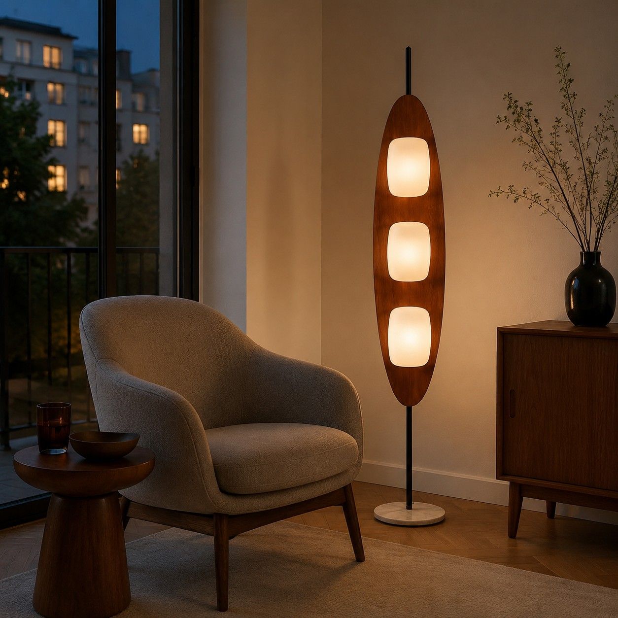 Bauhaus-Stehlampe in Walnusston neben einem Schreibtisch und einem Rattanstuhl im modernen Arbeitszimmer