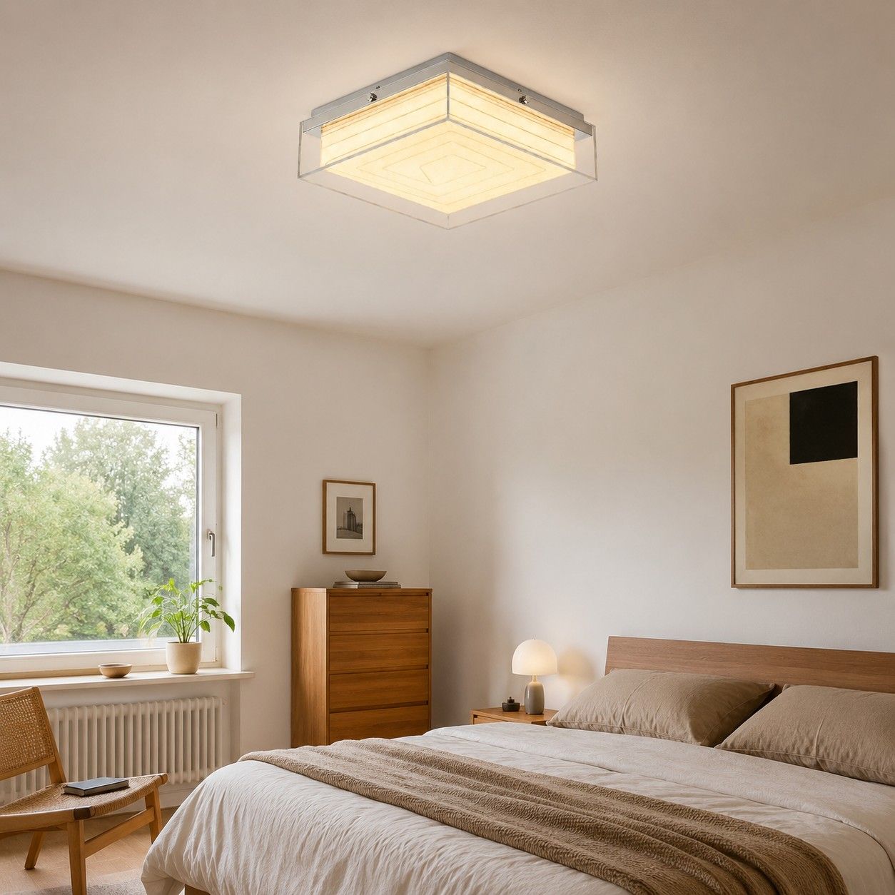 Vierkante plafondlamp in een lichte Duitse woonkamer.