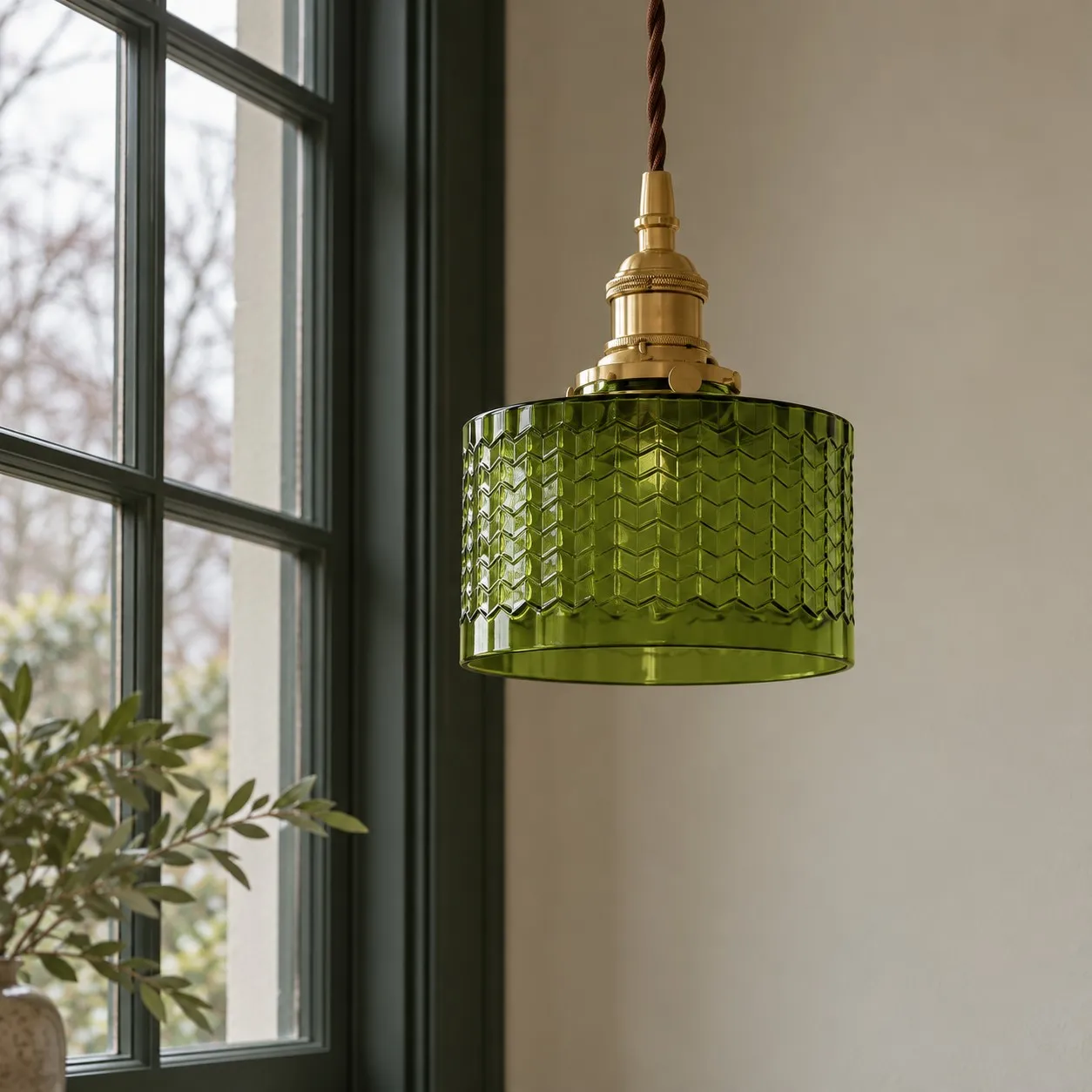 Lámpara colgante de cristal verde oliva cerca de una ventana a la luz del día.