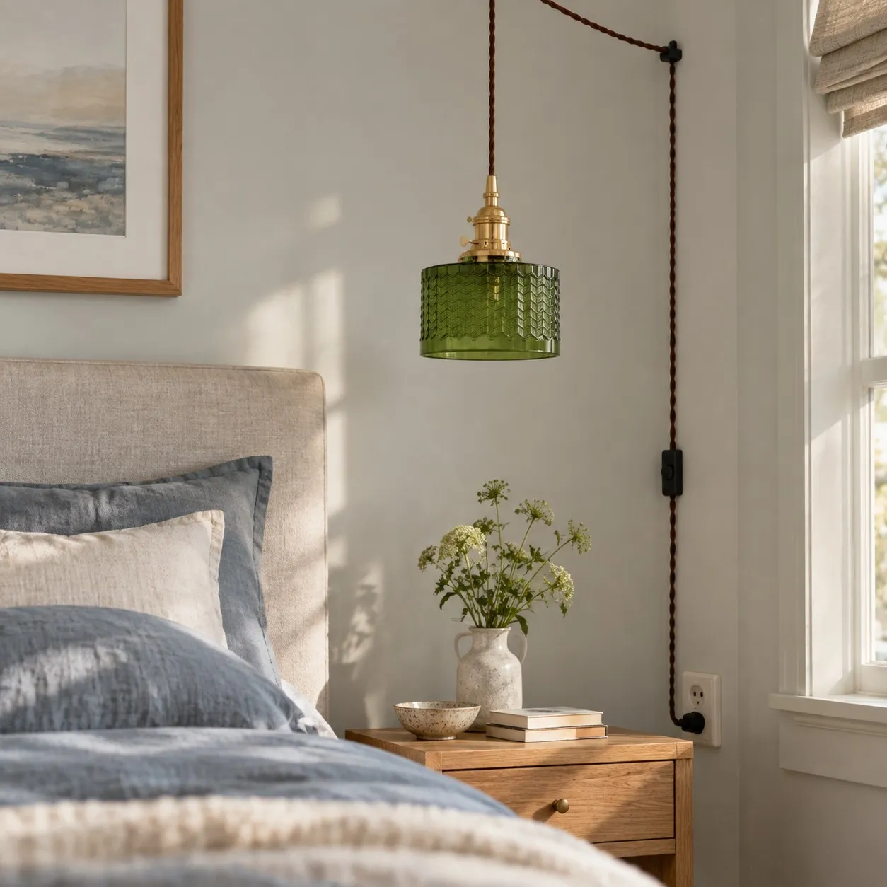 Lámpara colgante Cavella junto a una cama a la luz del día, con su cable de pared y enchufe visibles.