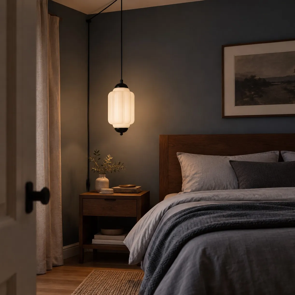 Lámpara colgante de cristal blanco junto a la cama.